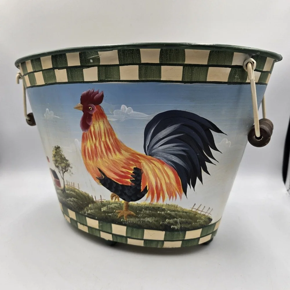 Handpainted Rooster Decorative Large Tin Pail Bucket 13x9